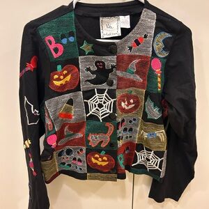 Vintage Michael Simon black Colorful Halloween Patchwork Cardigan top Size M Y2K